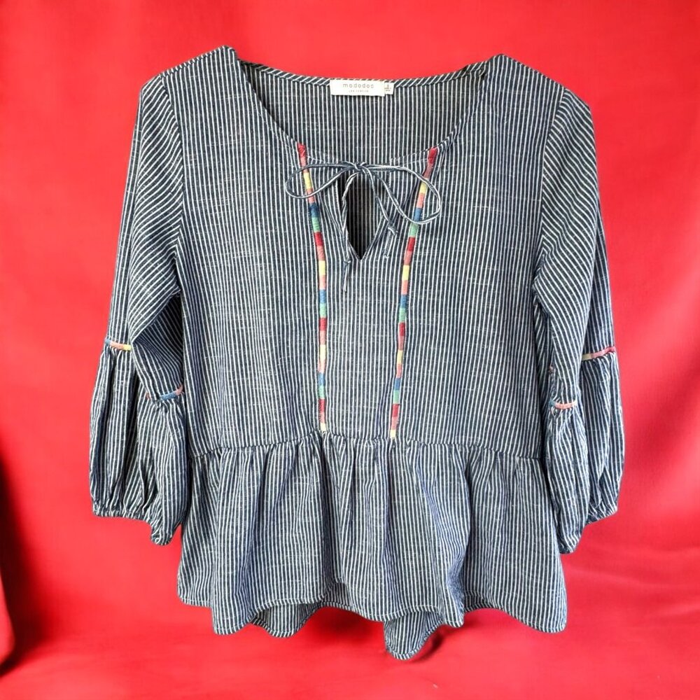 Mododoc Los Angeles Blue‎ White Striped  Peplum Peasant Top